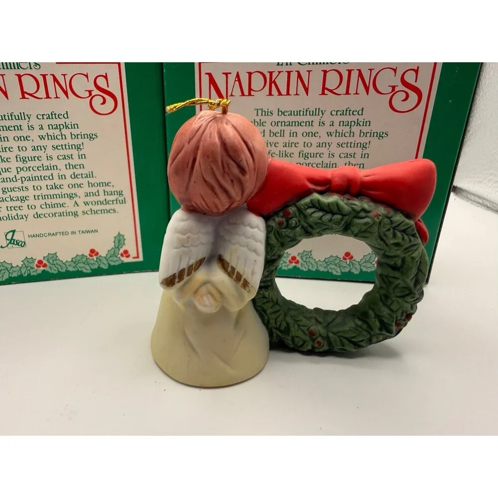 Vintage Jasco L'il Chimers Christmas Napkin Rings Bisque Porcelain Holiday Bell